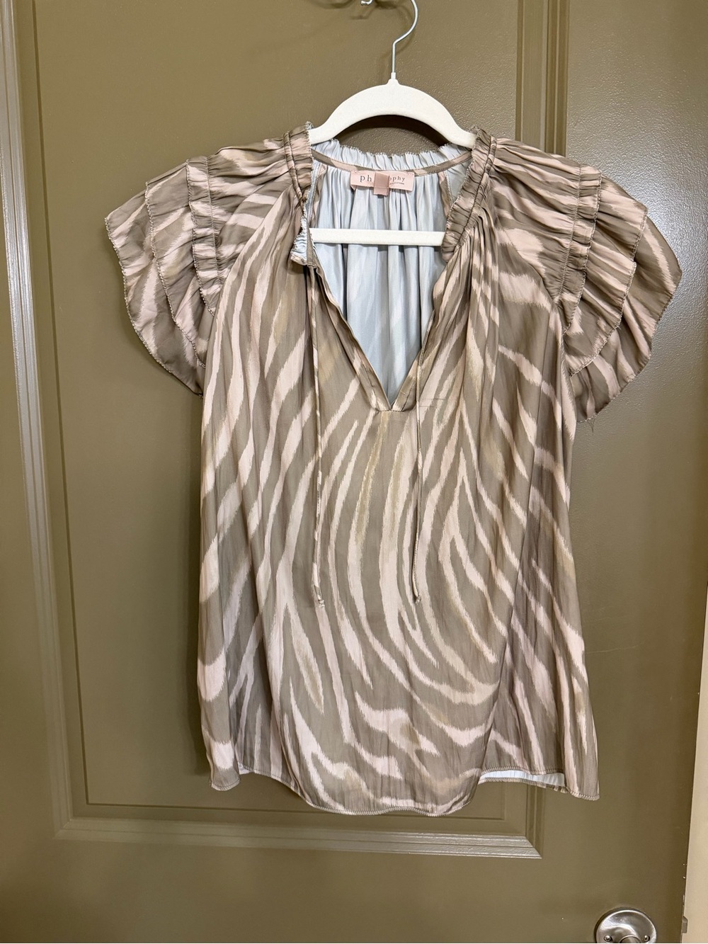 Philosophy Beige and Taupe Zebra-Print Ruffle Sleeve Blouse